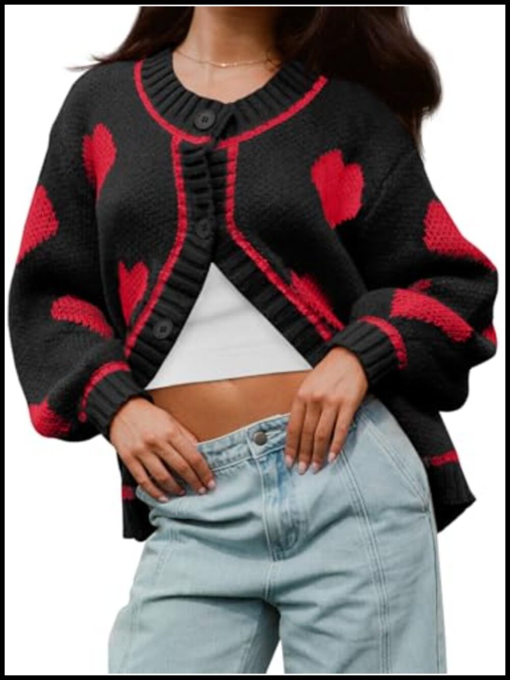 Chunky Knit Button Down Cardigan Sweater with Cute Heart Pattern
